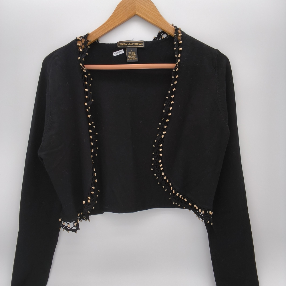 Linda Matthews Black Beaded  Cropped Bolero Shrug Cardigan - L